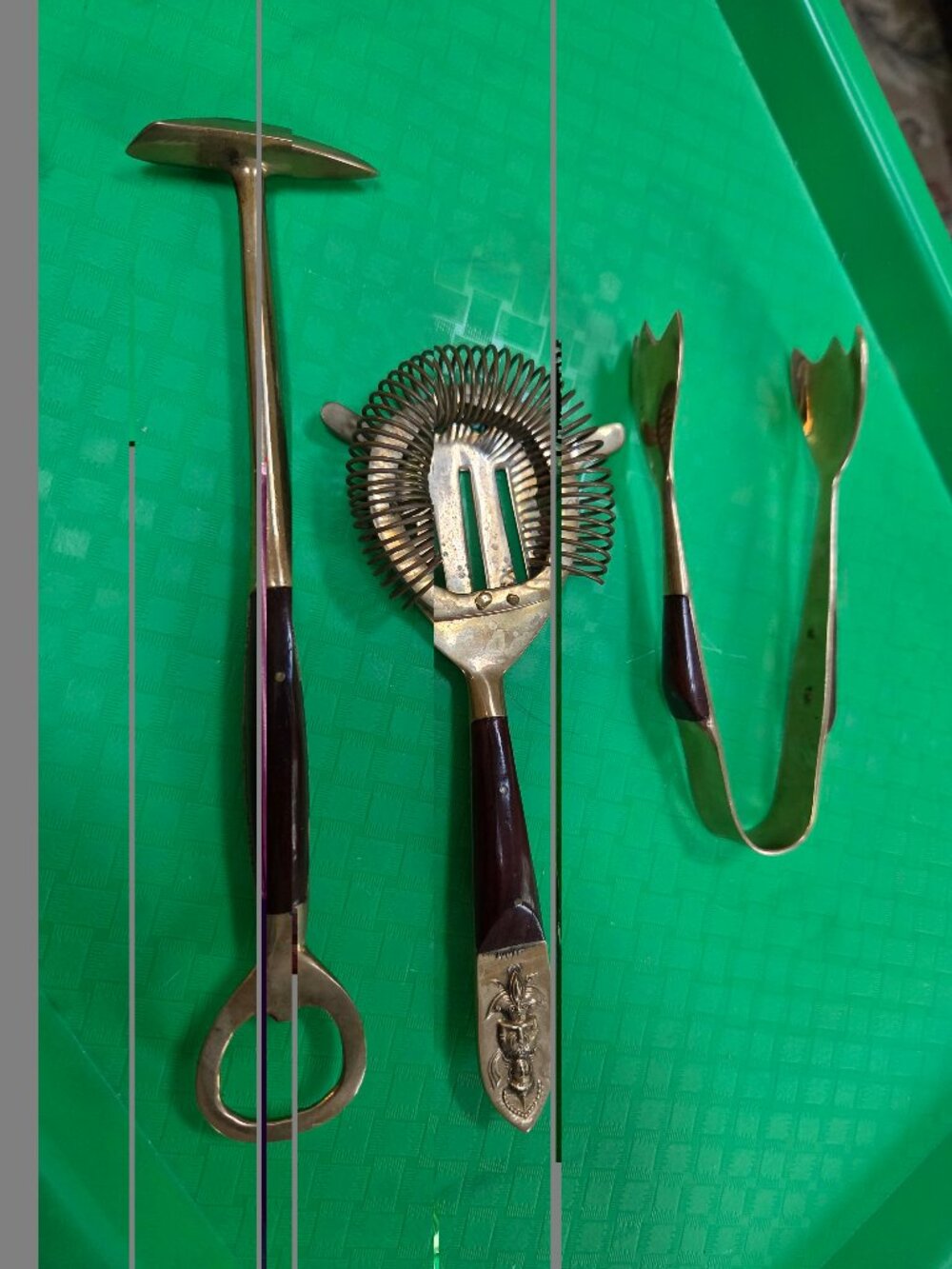 vintage barware cocktail strainer ice pick and tongs